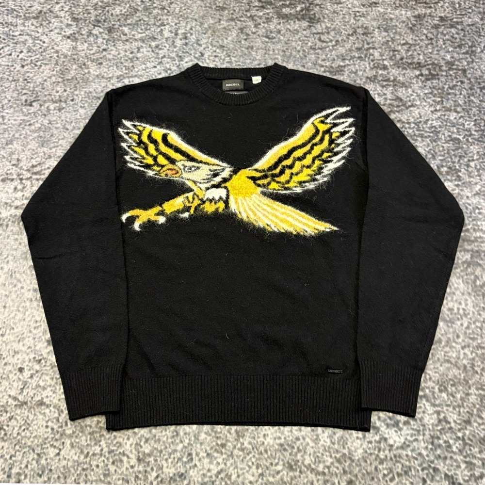 Diesel Sweater Mens Small Black Eagle Italian Yarn Wool Luxury